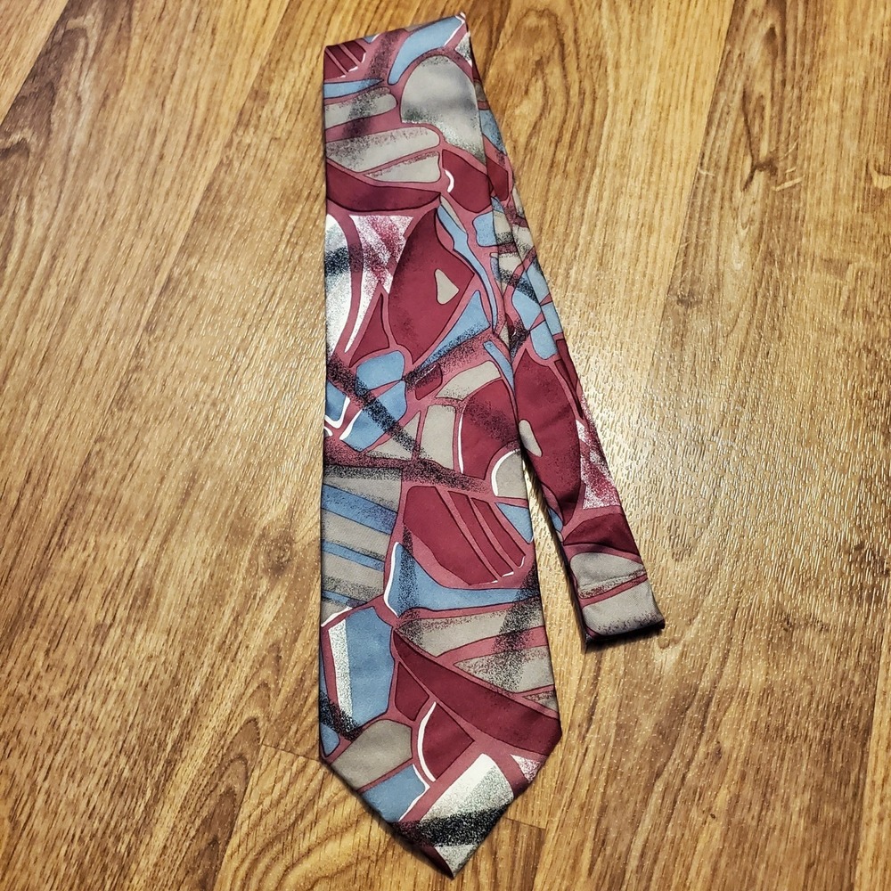 Vtg‎ Christian Dior Monsieur Tie Silk Burgundy Blue Geometric Abstract Pattern